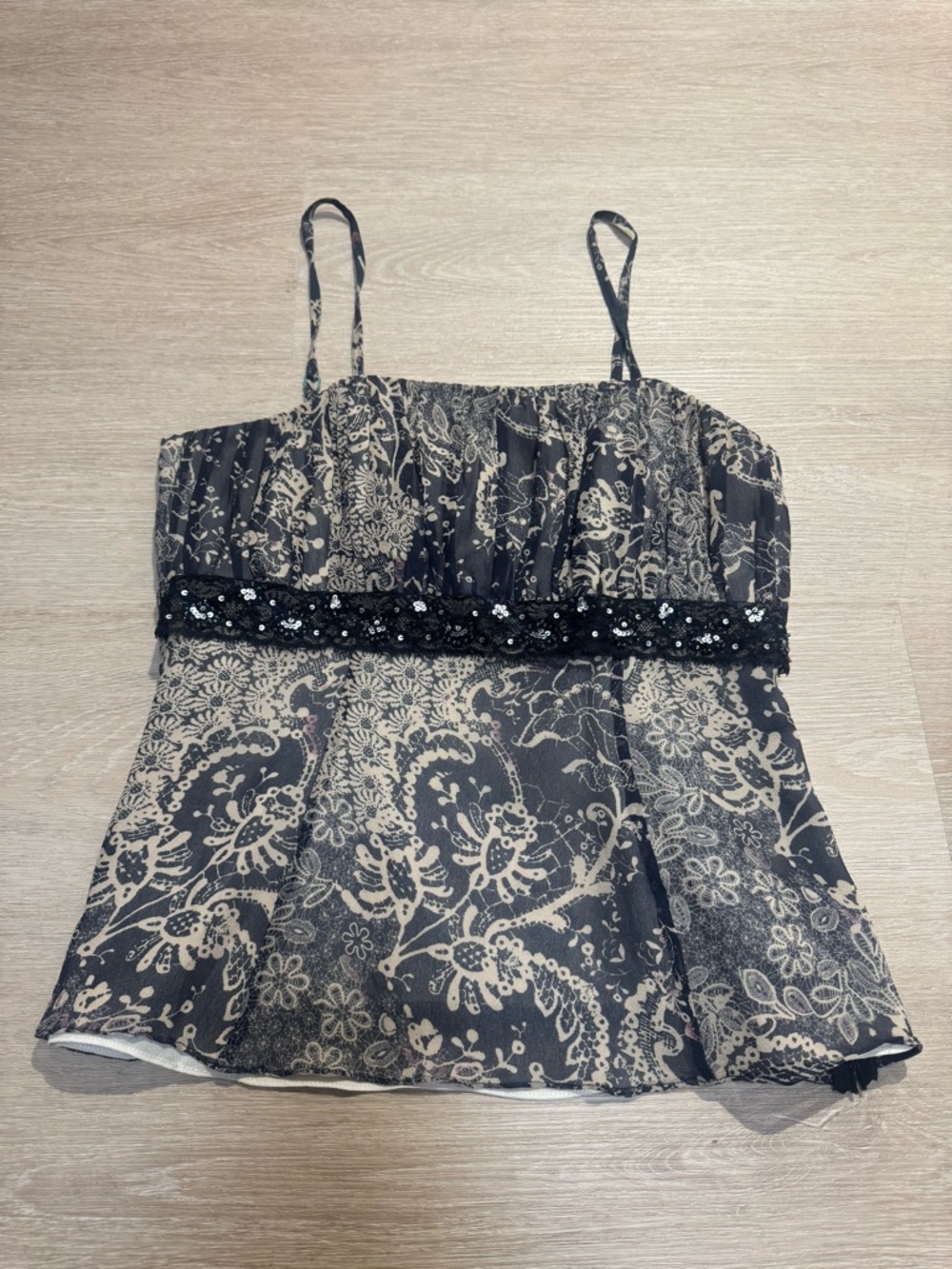 Vintage Y2K Retro Monsoon Black Floral Lace-Trim Spaghetti Strap Women's Top